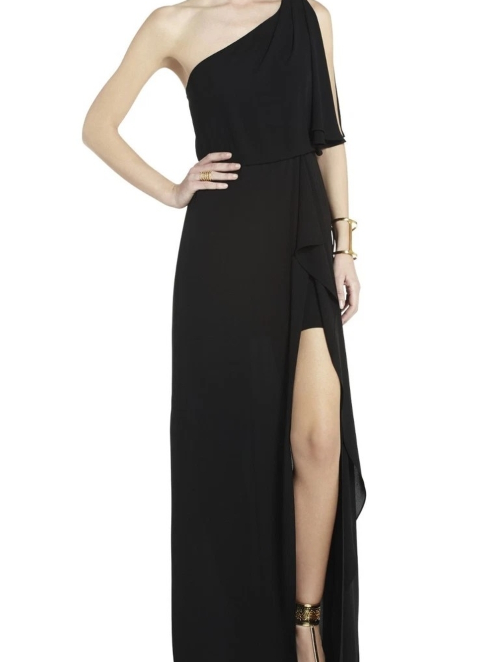 BCBGMaxAzria Black One-Shoulder Evening Gown with Side Slit
